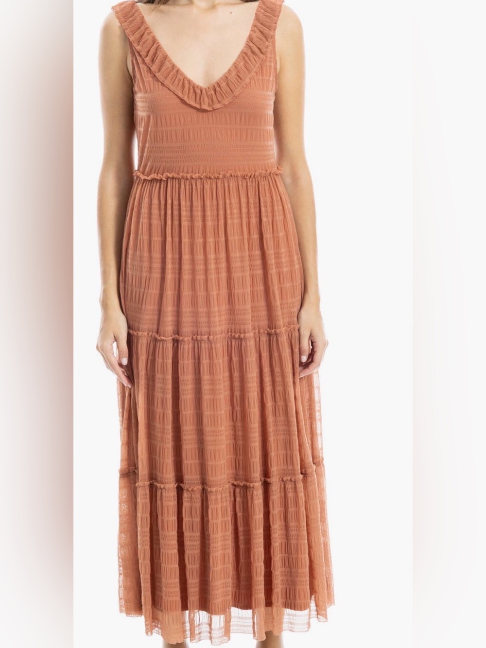 Max Studio Cedarwood Tiered Ruffle V-Neck Maxi Dress
